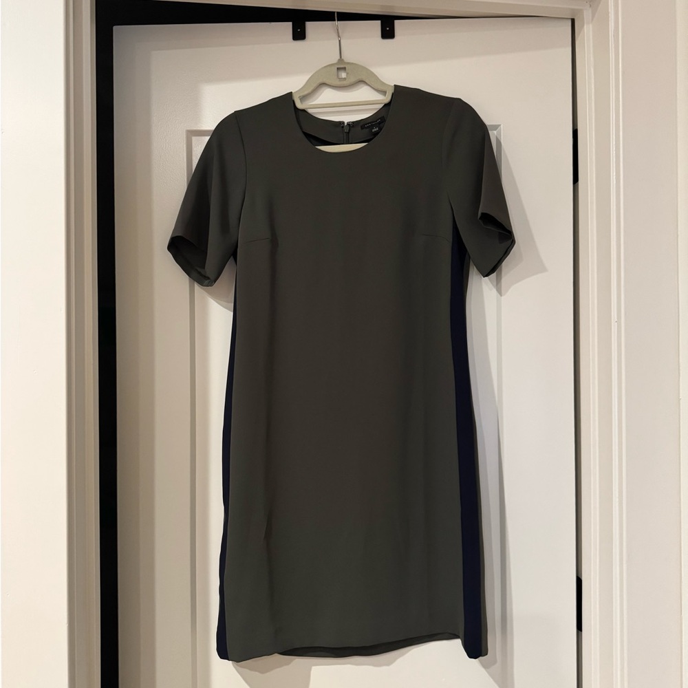 Ann Taylor Olive Green Shift Dress w Navy Stripe